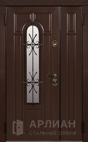 Фото №2 «Металлическая двустворчатая дверь со стеклом и кованой решеткой №15»